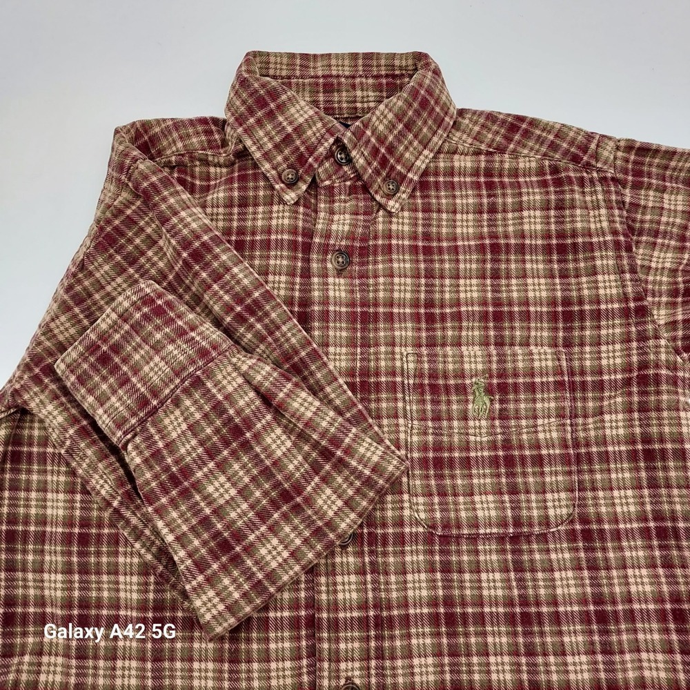 Ralph Lauren Boys Size 5 Plaid Button Down Shirt Burgundy‎ Tan Green Cotton